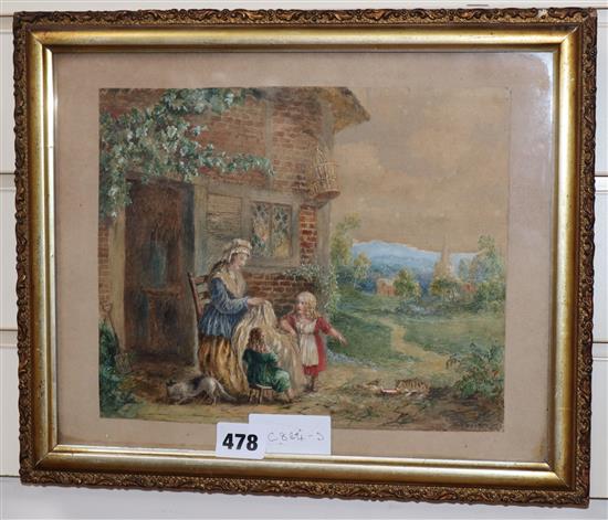 Albert Durer Lucas (1828-1918), watercolour, Woman and children in cottage garden scene, 20 x 25cm